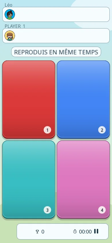 Début d’une partie de Tap Tap en mode Suivre sur téléphone, thème clair : quatre cases numérotées, rouge, bleue, turquoise et rose, avec en dessous le score et le chrono à zéro.
